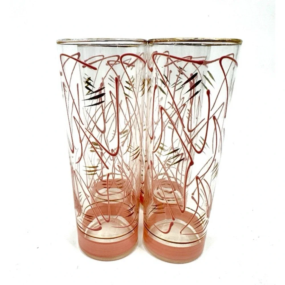 Vintage Zombie Glasses Pink Gold Geometric Shapes MCM Hazel Atlas Set of 4